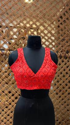  Coral Red Mirror Work Sleeveless Blouse