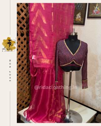 Tissue Muslin Saree with Linen Fabric blouse